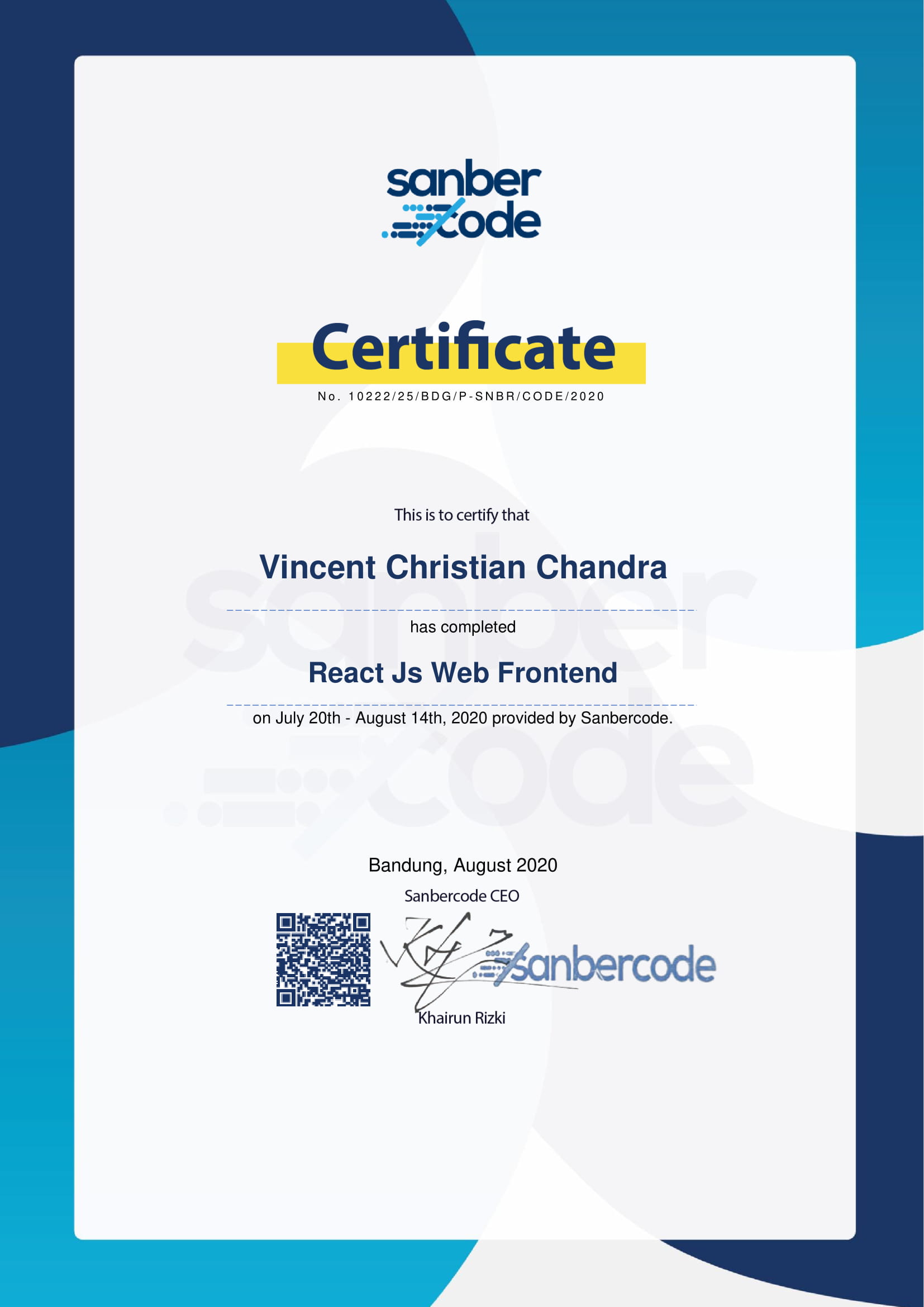 React JS Sanbercode Certificate